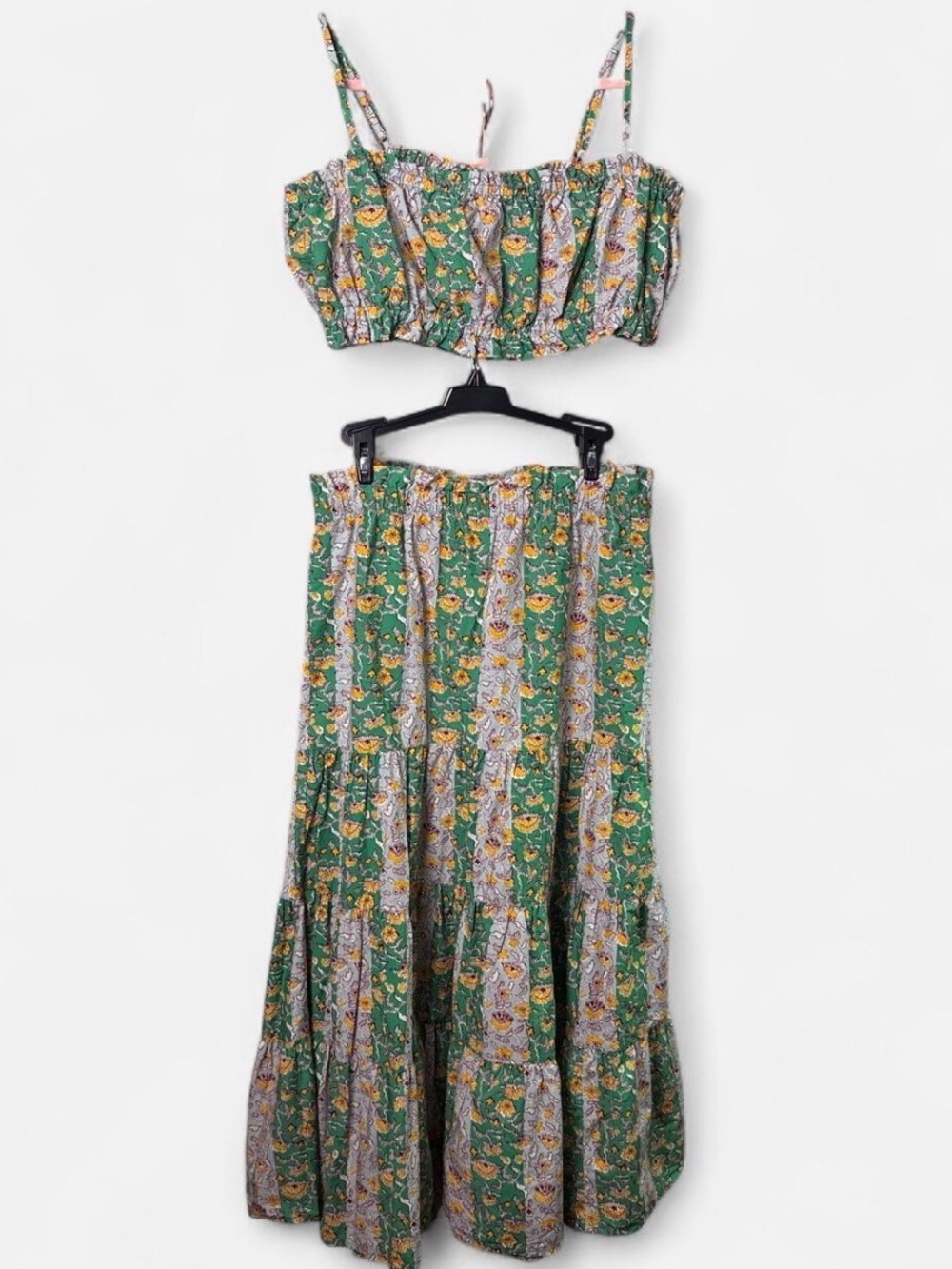 RHODE X Target Green Cotton Floral Ruffle Crop Top Tiered Maxi Skirt Set Medium